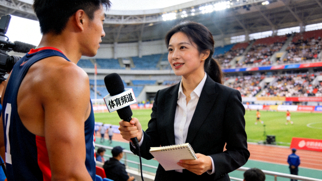 体育新闻记者在赛事现场进行采访与内容报道